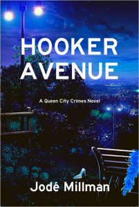 Book cover for Hooker Avenue by Jodi Milman featuring a dark night scene of a town