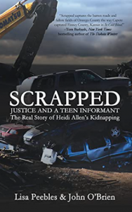 Book cover for Scrapped by Lisa Peebles and John O'Brien featuring a junk yard of cars